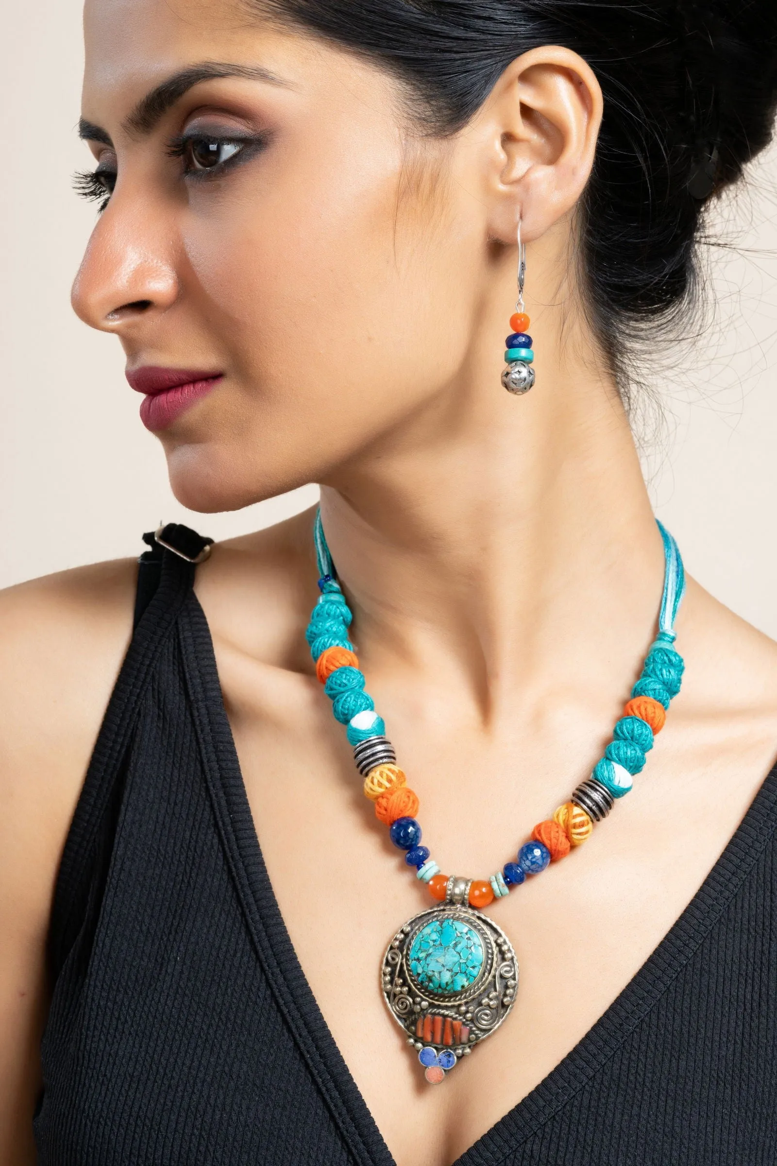 Handmade Semi Precious Turquoise Blue Red Tibetan Necklace Set with Matching Earrings and Adjustable Dori