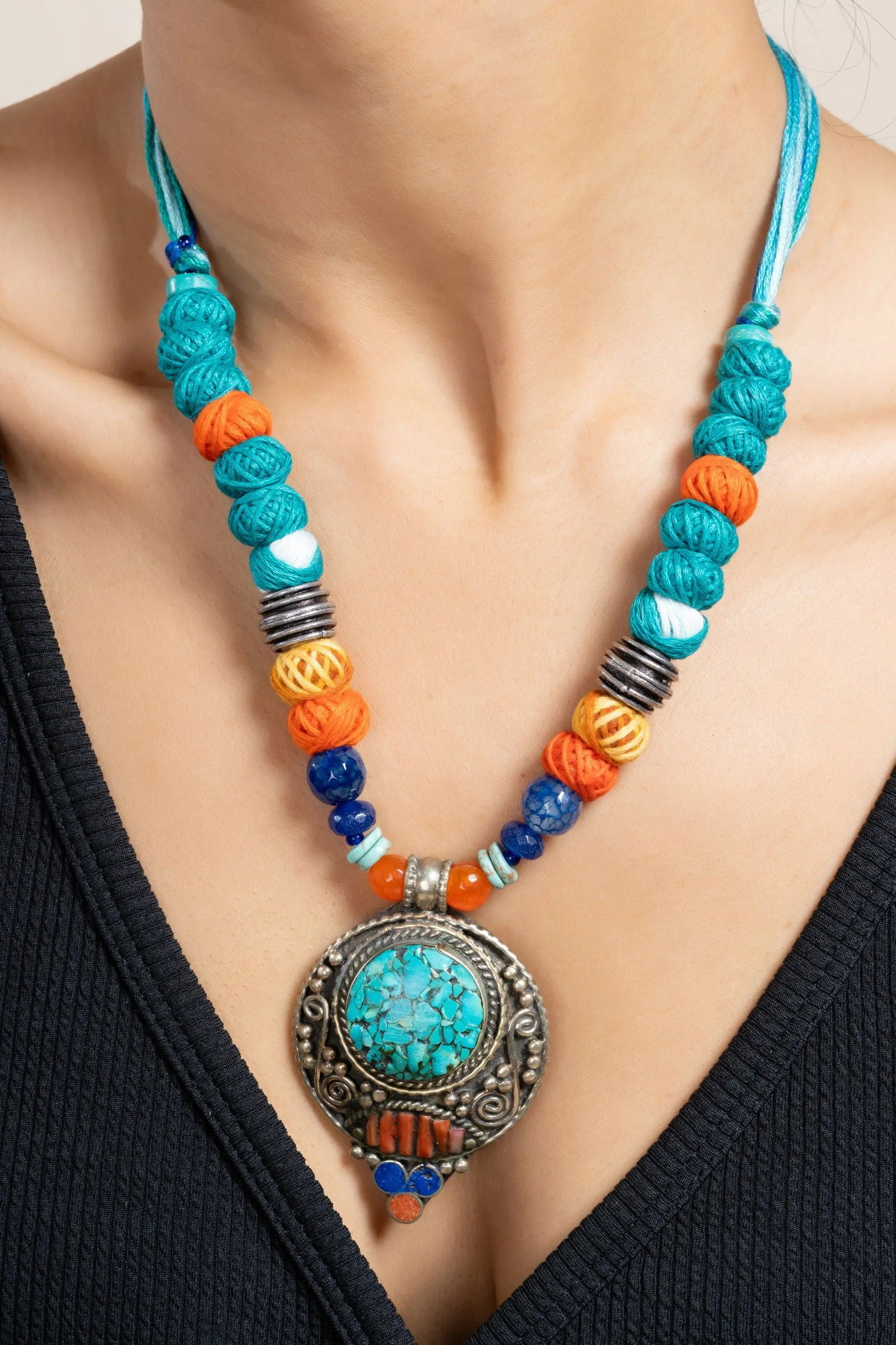 Handmade Semi Precious Turquoise Blue Red Tibetan Necklace Set with Matching Earrings and Adjustable Dori
