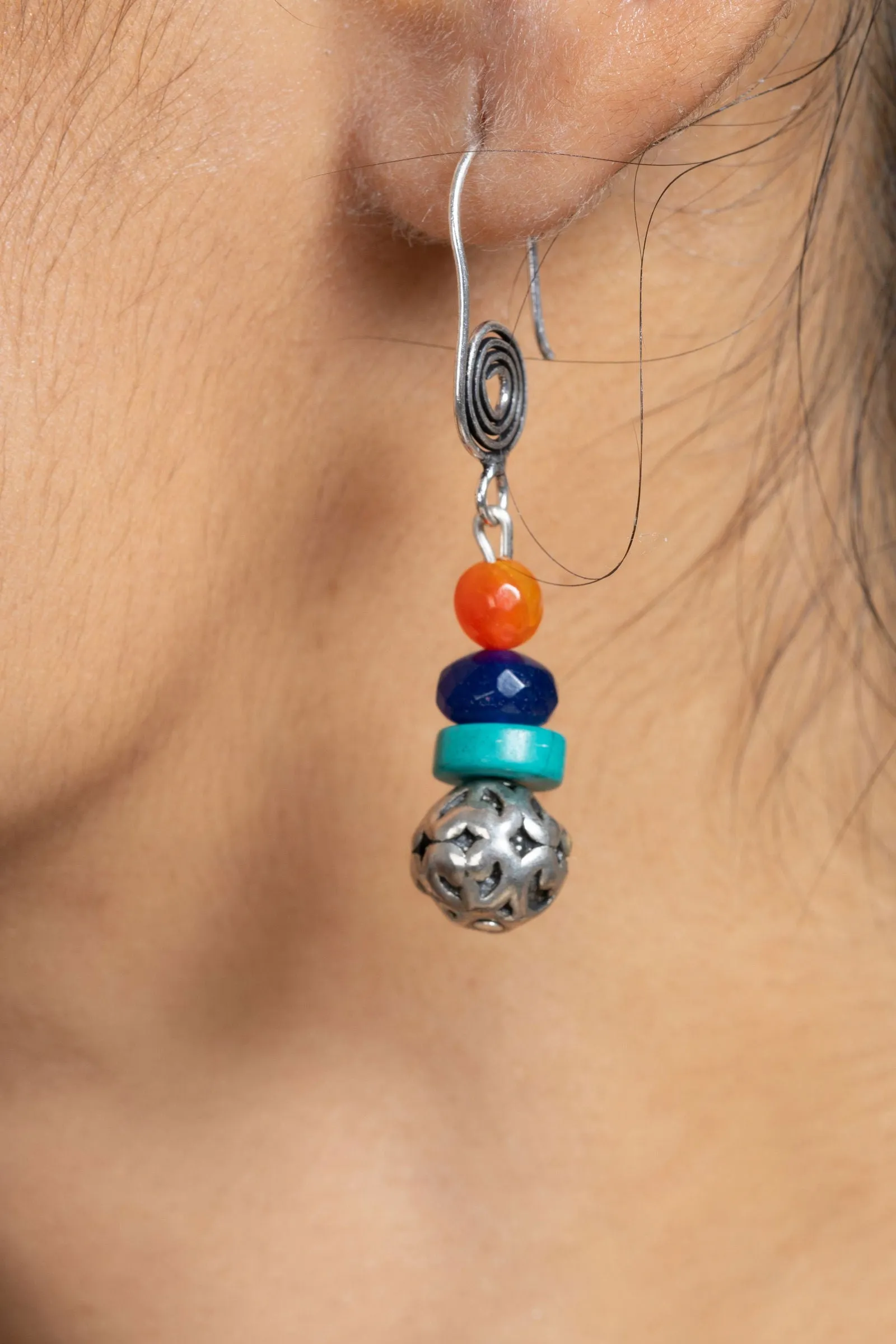 Handmade Semi Precious Turquoise Blue Red Tibetan Necklace Set with Matching Earrings and Adjustable Dori
