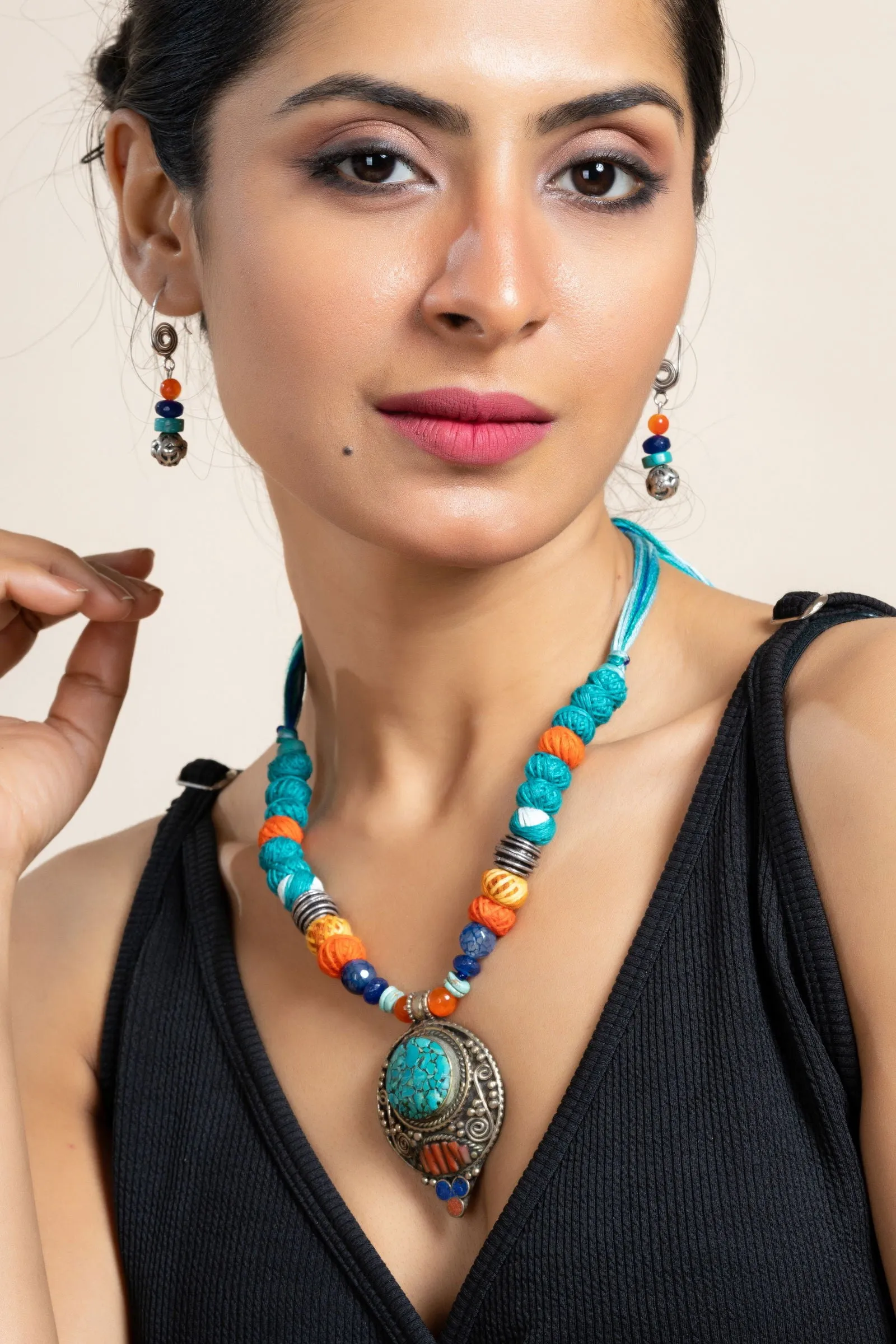 Handmade Semi Precious Turquoise Blue Red Tibetan Necklace Set with Matching Earrings and Adjustable Dori