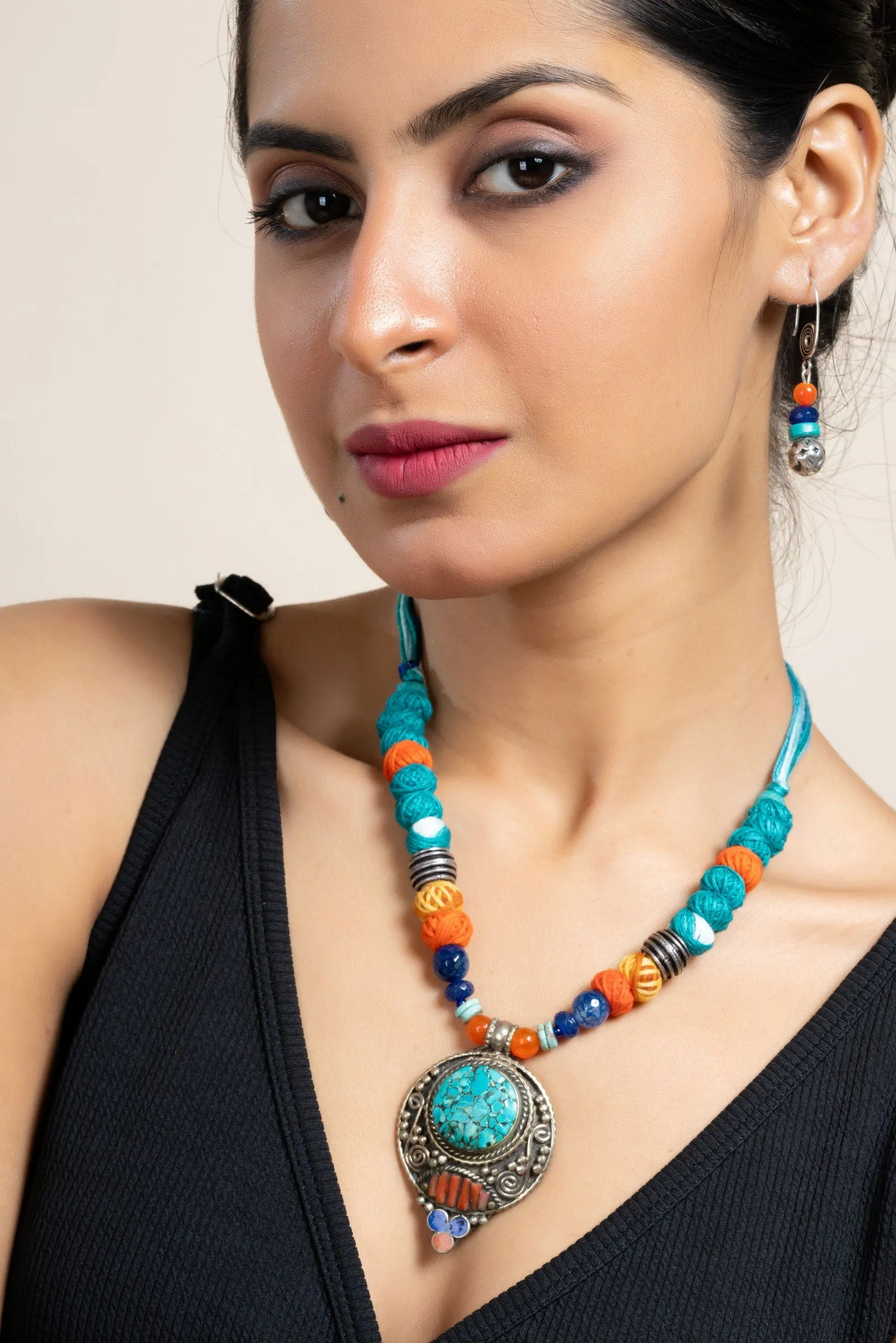 Handmade Semi Precious Turquoise Blue Red Tibetan Necklace Set with Matching Earrings and Adjustable Dori