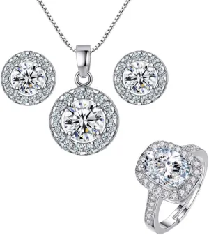 Harlorki Shiny Fashion Design Women's Rhinestone Pendant 925 Silver Plated Round Circle Charm Crystal Wedding Necklace Earrings Finger Ring Jewelry Set