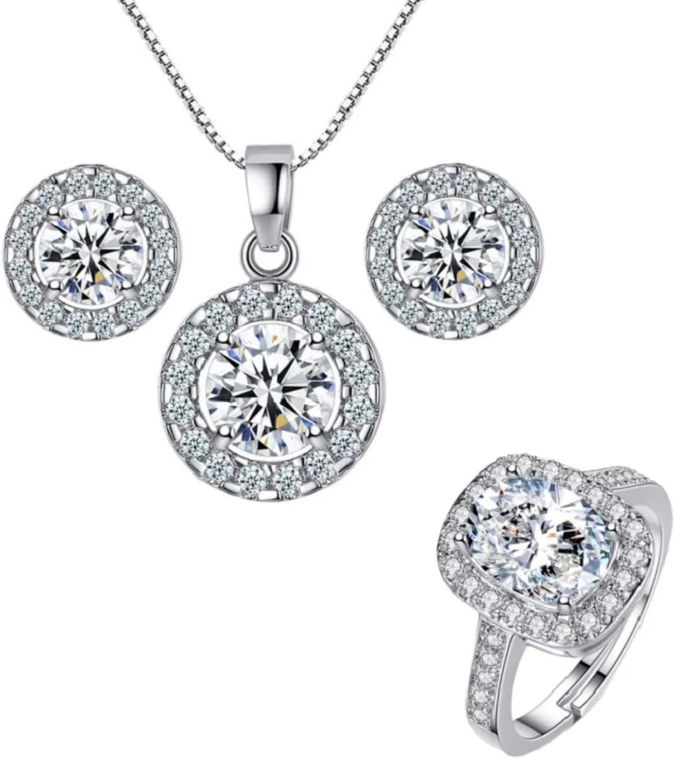 Harlorki Shiny Fashion Design Women's Rhinestone Pendant 925 Silver Plated Round Circle Charm Crystal Wedding Necklace Earrings Finger Ring Jewelry Set