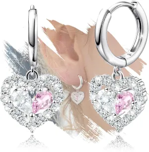 Heart Hoop Earrings with Dangle - Sterling Silver Cubic Zirconia Hypoallergenic Dainty Heart Dangle Hoop Earrings for Sensitive Ears for Women Ladies Gifts for Christmas Valentine's Day Anniversary