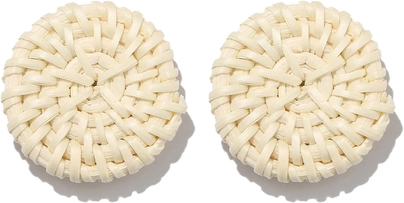 HEIDKRUEGER Rattan Straw Earring Handmade Boho Round Wicker Braid Woven Disc Drop Earring Lightweight Statement Stud Earring for Women Girls