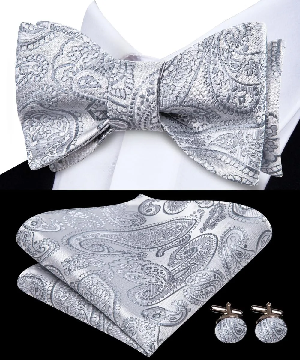 Hi-Tie Silk Self Tie Bow Ties for Men Adjustable Men's Bowtie Handkerchief Pocket Square Cufflinks Set