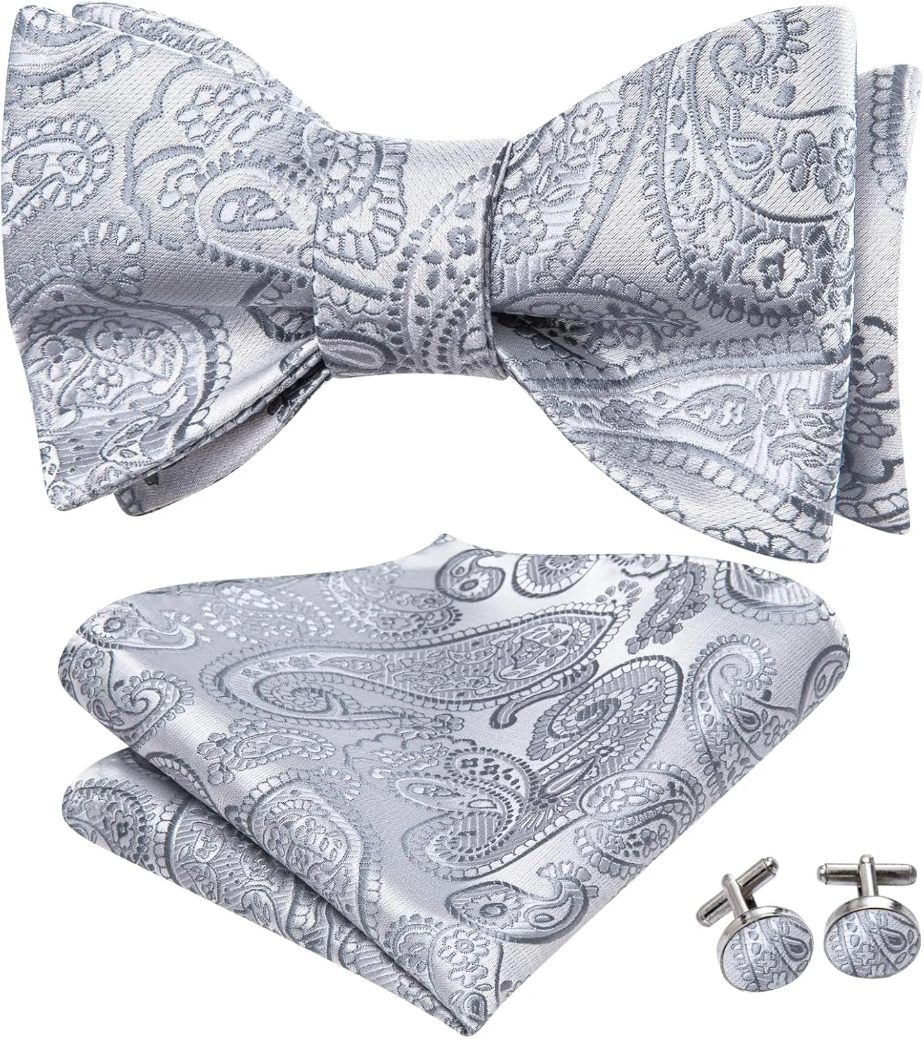Hi-Tie Silk Self Tie Bow Ties for Men Adjustable Men's Bowtie Handkerchief Pocket Square Cufflinks Set