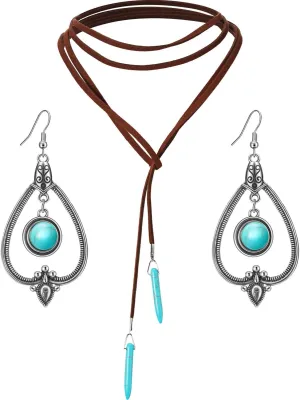 Hicarer 2 Set Western Turquoise Jewelry for Women, 1 Pcs Bohemian Turquoise Pendant Long Necklace Suede Pendant Choker and 1 Pairs Western Boho Earrings