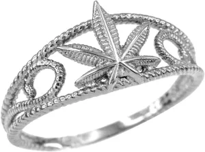 High Polish 925 Sterling Silver Filigree Rope Band Marijuana Leaf Ring (Size 6)