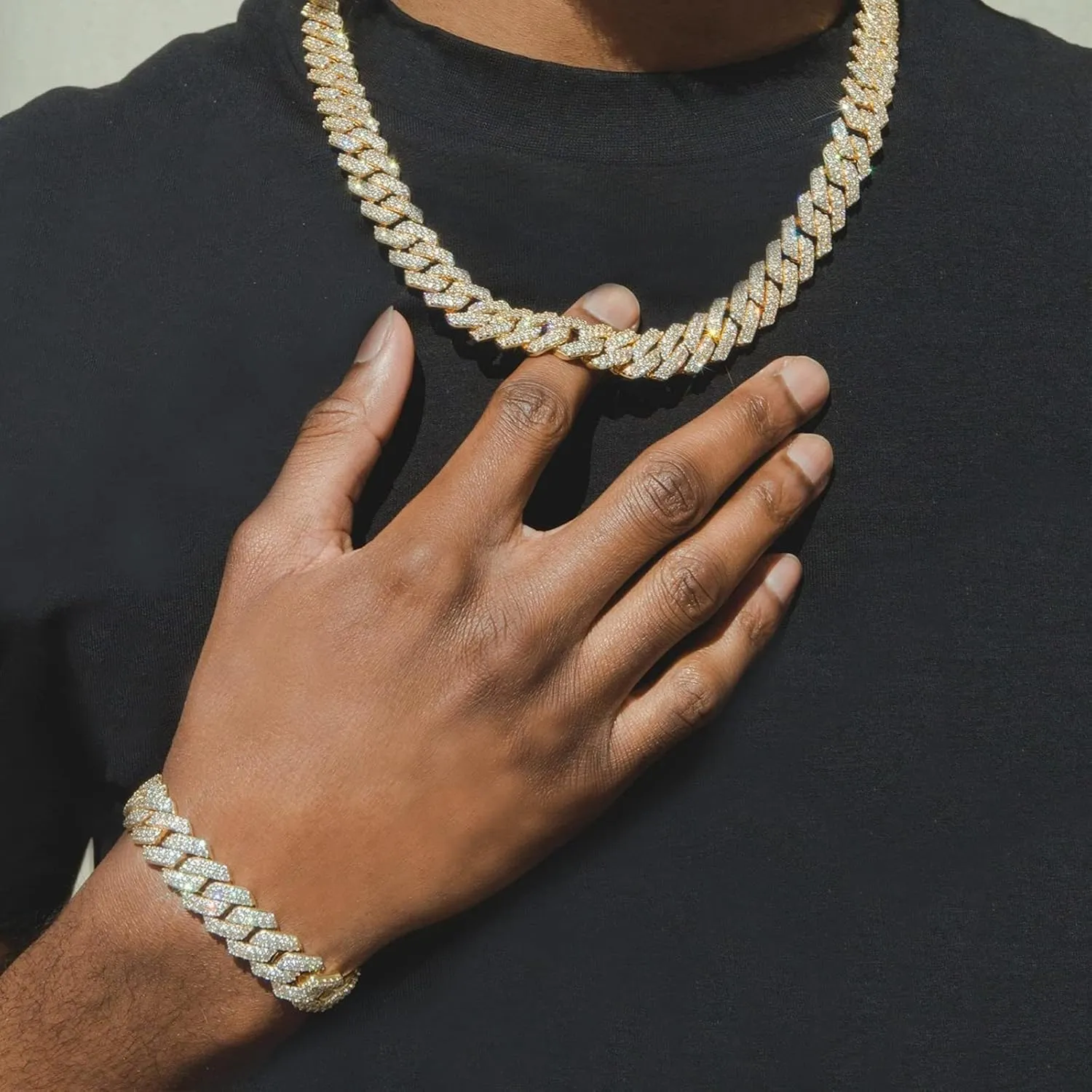 HIPBLING Miami Cuban Link Chain Bracelet Set for Men Diamond 2 Pcs Cuban Necklace Bracelet Gold Silver 20mm Iced Out Cuban Chain for Men Women Jewelry Set Gift