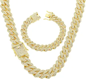 HIPBLING Miami Cuban Link Chain Bracelet Set for Men Diamond 2 Pcs Cuban Necklace Bracelet Gold Silver 20mm Iced Out Cuban Chain for Men Women Jewelry Set Gift