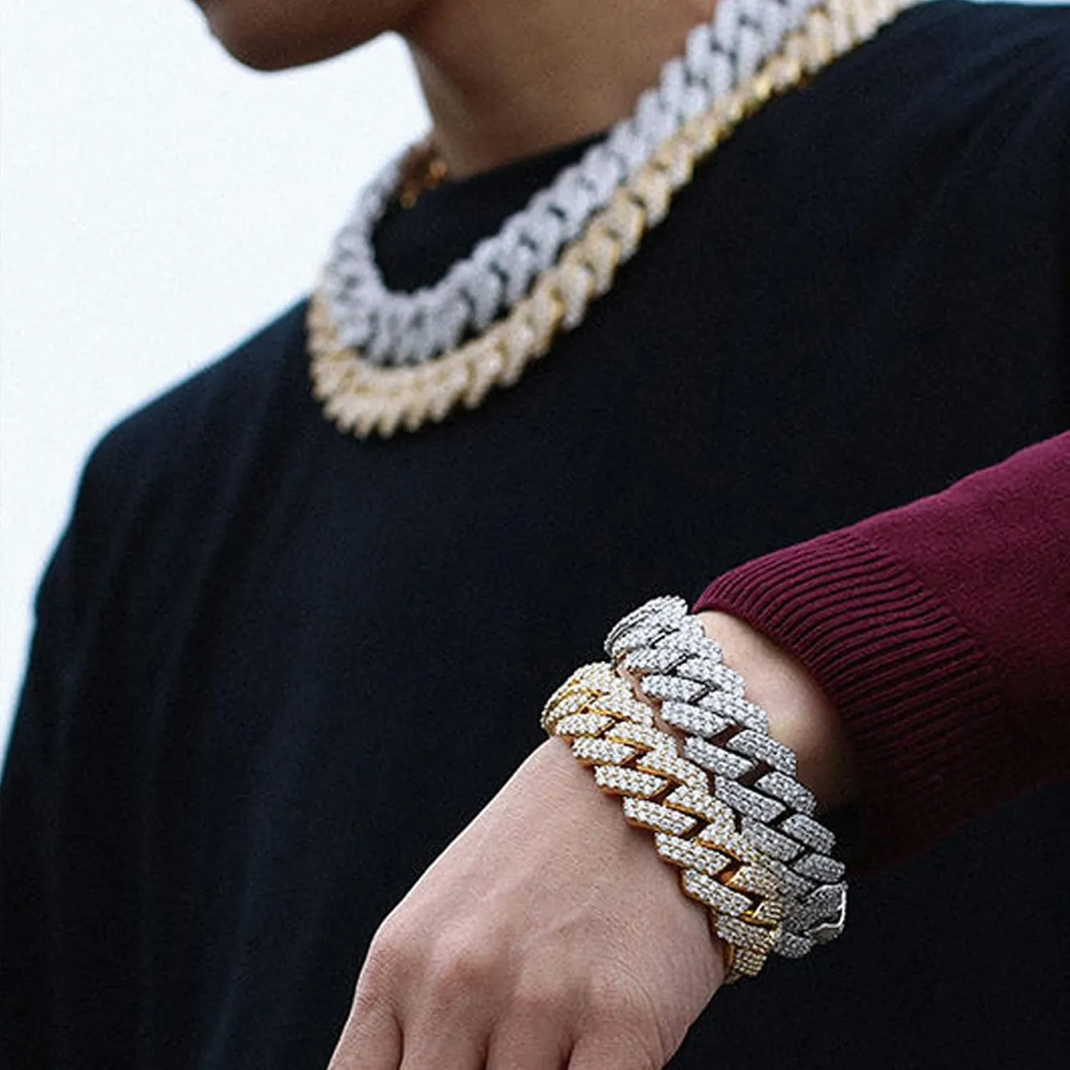 HIPBLING Miami Cuban Link Chain Bracelet Set for Men Diamond 2 Pcs Cuban Necklace Bracelet Gold Silver 20mm Iced Out Cuban Chain for Men Women Jewelry Set Gift