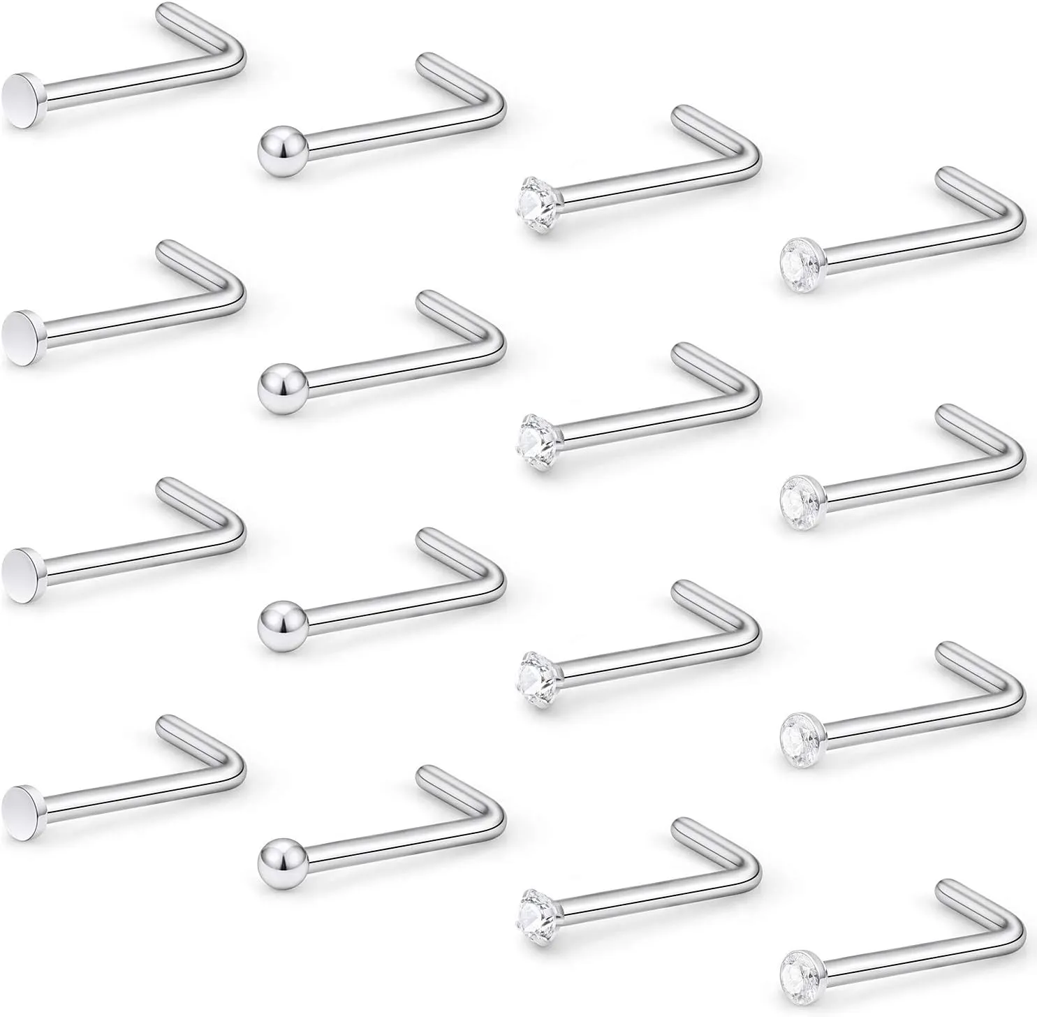 Hoeudjo 16Pcs Nose Rings 18G Nose Studs Surgical Steel 1.5MM Clear Crystal Nostril Ring Body Piercing Jewelry for Women Men