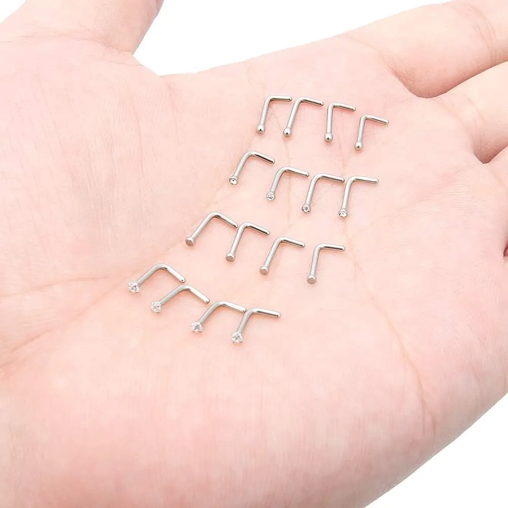 Hoeudjo 16Pcs Nose Rings 18G Nose Studs Surgical Steel 1.5MM Clear Crystal Nostril Ring Body Piercing Jewelry for Women Men