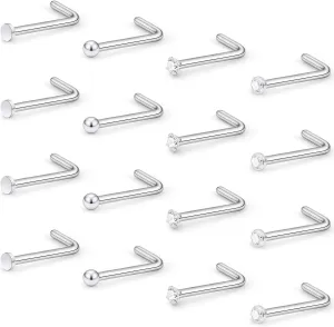 Hoeudjo 16Pcs Nose Rings 18G Nose Studs Surgical Steel 1.5MM Clear Crystal Nostril Ring Body Piercing Jewelry for Women Men