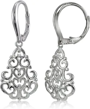 Hoops & Loops 925 Sterling Silver 37mm Chandelier Filigree Dangle Leverback Earrings for Women, Silver, Yellow Gold, Rose Gold