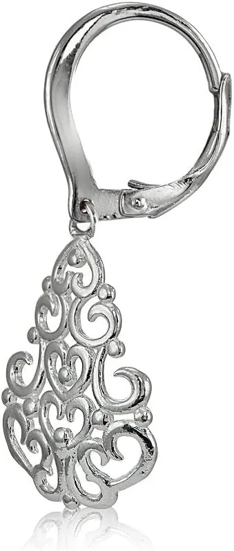 Hoops & Loops 925 Sterling Silver 37mm Chandelier Filigree Dangle Leverback Earrings for Women, Silver, Yellow Gold, Rose Gold