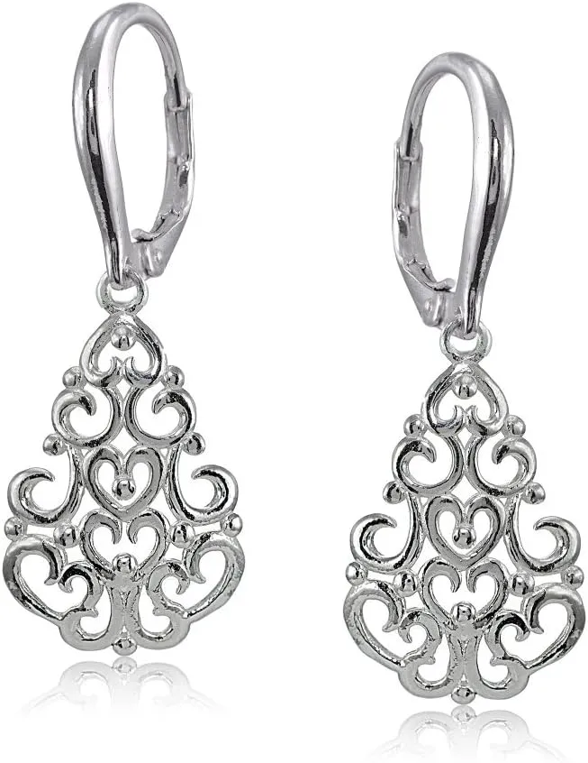 Hoops & Loops 925 Sterling Silver 37mm Chandelier Filigree Dangle Leverback Earrings for Women, Silver, Yellow Gold, Rose Gold