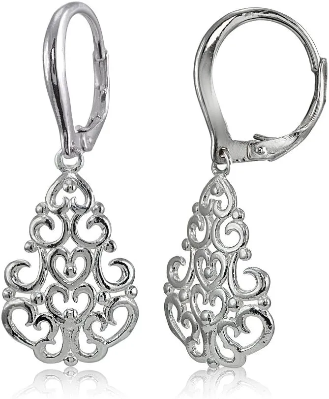 Hoops & Loops 925 Sterling Silver 37mm Chandelier Filigree Dangle Leverback Earrings for Women, Silver, Yellow Gold, Rose Gold