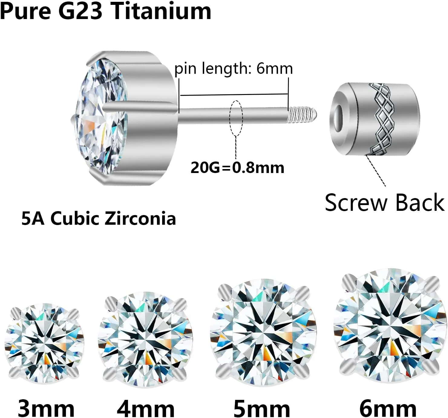 Hopply Hypoallergenic G23 Pure Titanium Earrings, 20G Implant Grade Flatback 5A Cubic Zirconia Earrings Studs, Suitable for Women Men Sensitive Ears Jewelry Gift