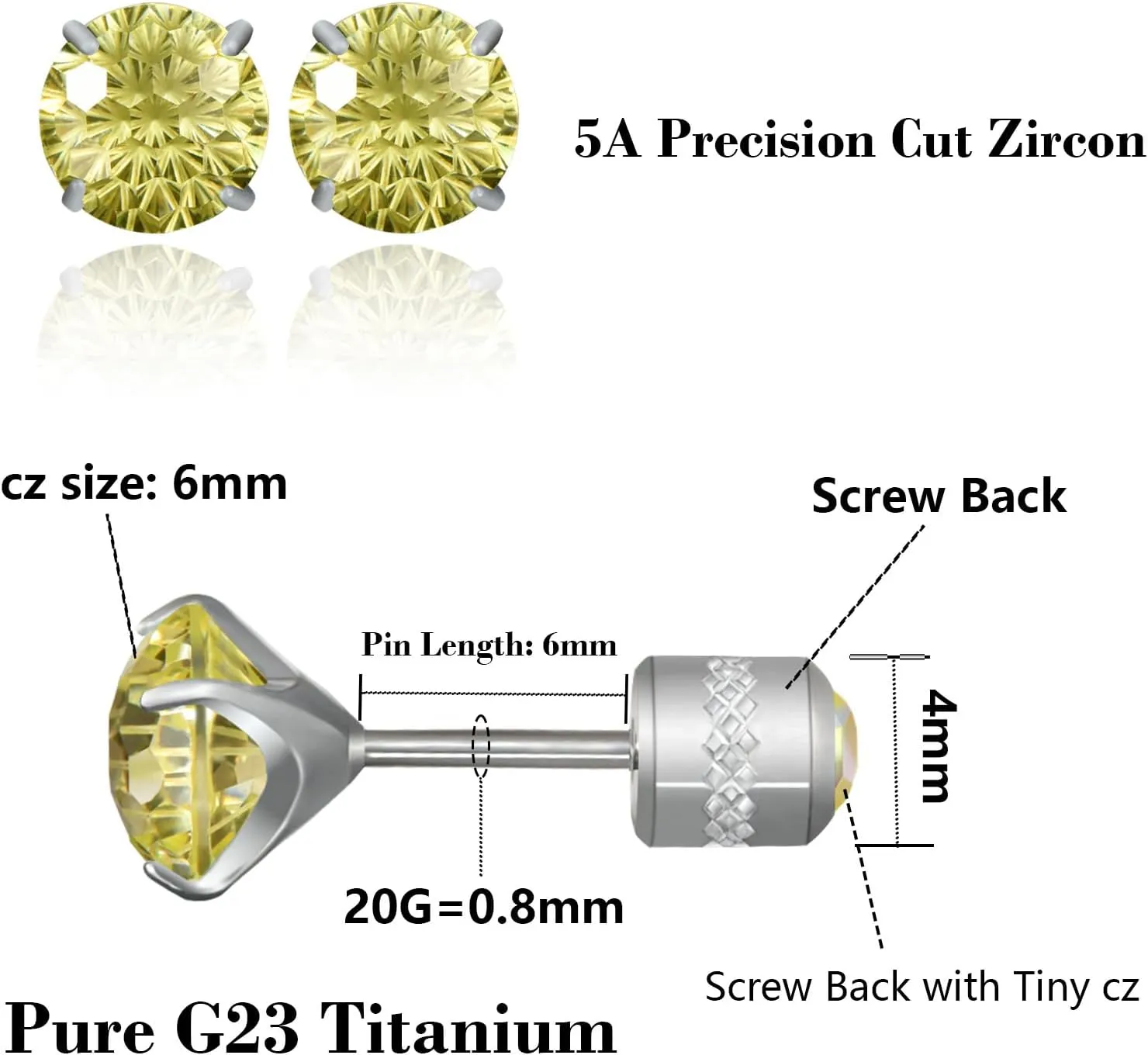 Hopply Hypoallergenic G23 Pure Titanium Earrings, 20G Implant Grade Pure Titanium Flatback 5A Cubic Zirconia Earrings Studs, Suitable for Women Men Sensitive Ears Jewelry Gift 6mm