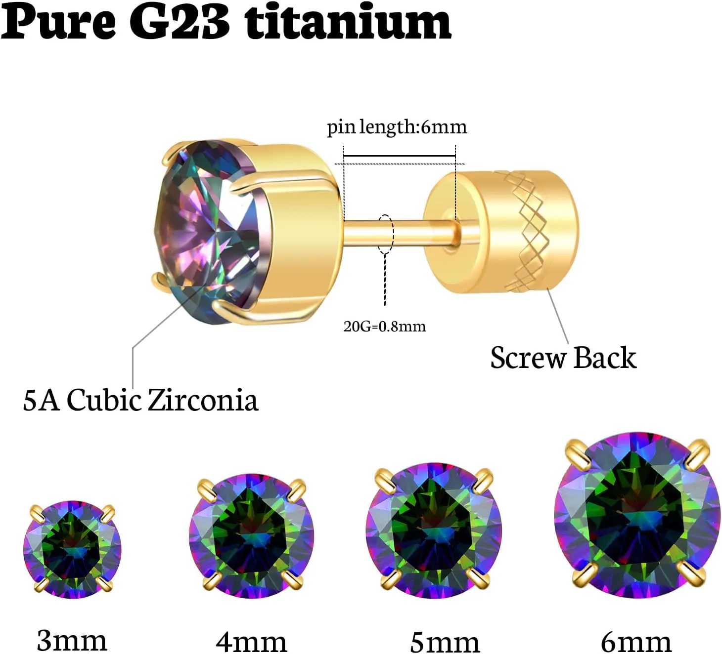 Hopply Hypoallergenic G23 Pure Titanium Earrings for Women Men,20G Implant Grade Flatback 5A Cubic Zirconia Earrings Studs for Sensitive Ears Jewelry Gift