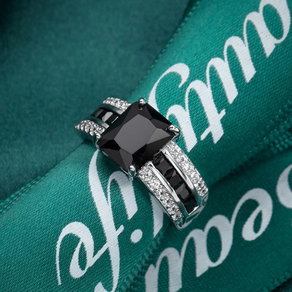 hsiyyecg Emerald Cut Square Halo Platinum Plated Cubic Zirconia CZ Jewelry, Wedding Party Statement Cocktails Fashion Simulated Black Agate Rings for Women Size 6-10(6)