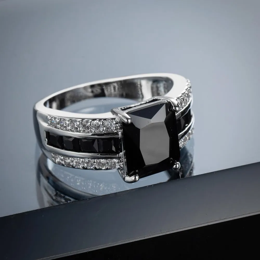 hsiyyecg Emerald Cut Square Halo Platinum Plated Cubic Zirconia CZ Jewelry, Wedding Party Statement Cocktails Fashion Simulated Black Agate Rings for Women Size 6-10(6)