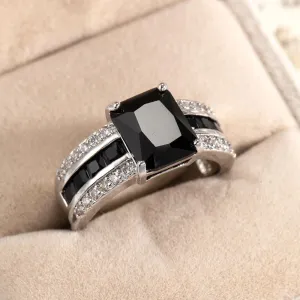 hsiyyecg Emerald Cut Square Halo Platinum Plated Cubic Zirconia CZ Jewelry, Wedding Party Statement Cocktails Fashion Simulated Black Agate Rings for Women Size 6-10(6)