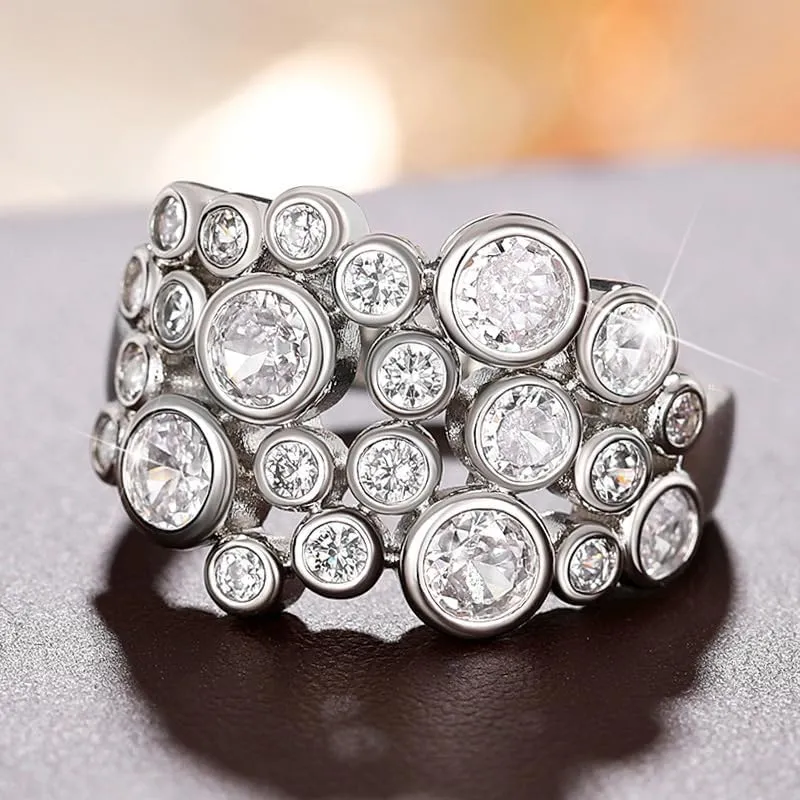 hsiyyecg Sparkling Statement Dome Rings for Women Wide-Faced CZ Zircon Ring 18K White Gold Plated Cluster Round Cubic Zirconia Starburst Wedding Ring Jewelry Gifts(9)