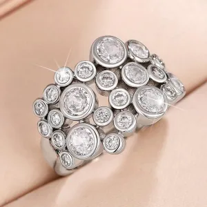 hsiyyecg Sparkling Statement Dome Rings for Women Wide-Faced CZ Zircon Ring 18K White Gold Plated Cluster Round Cubic Zirconia Starburst Wedding Ring Jewelry Gifts(9)
