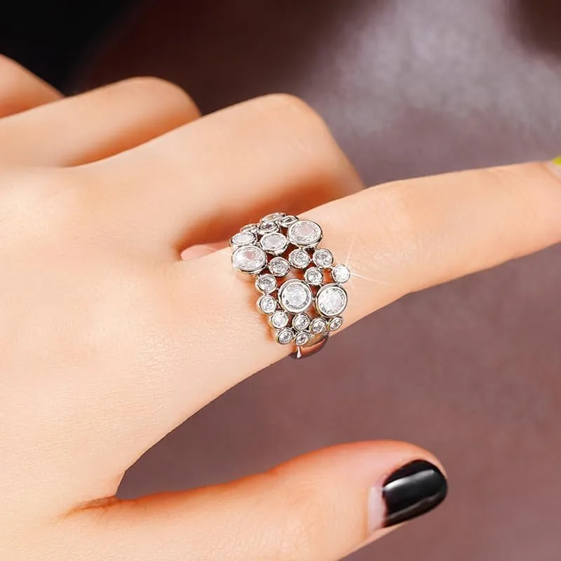 hsiyyecg Sparkling Statement Dome Rings for Women Wide-Faced CZ Zircon Ring 18K White Gold Plated Cluster Round Cubic Zirconia Starburst Wedding Ring Jewelry Gifts(9)