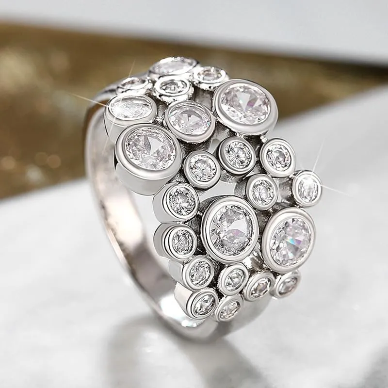 hsiyyecg Sparkling Statement Dome Rings for Women Wide-Faced CZ Zircon Ring 18K White Gold Plated Cluster Round Cubic Zirconia Starburst Wedding Ring Jewelry Gifts(9)