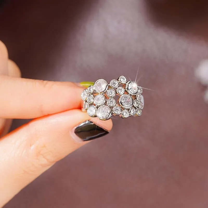 hsiyyecg Sparkling Statement Dome Rings for Women Wide-Faced CZ Zircon Ring 18K White Gold Plated Cluster Round Cubic Zirconia Starburst Wedding Ring Jewelry Gifts(9)