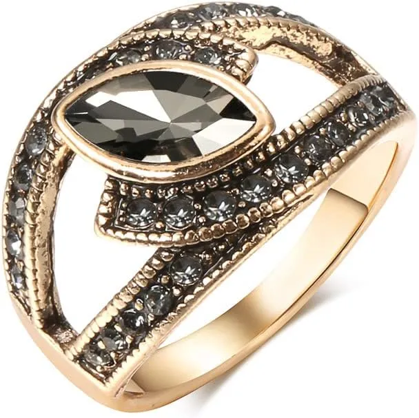 hsiyyecg Vintage Court Style Marquise Cut Cubic Zirconia Band Ring for Women Black Cocktail Rings Gold-Plated Black Onyx Ring,Proposal Anniversary Ring(7