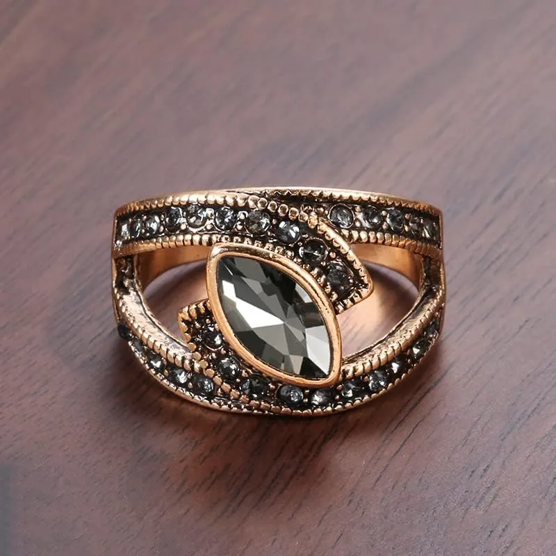 hsiyyecg Vintage Court Style Marquise Cut Cubic Zirconia Band Ring for Women Black Cocktail Rings Gold-Plated Black Onyx Ring,Proposal Anniversary Ring(7