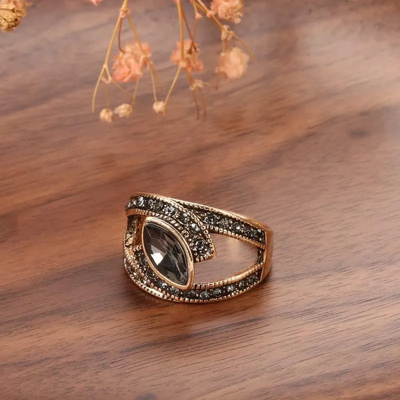 hsiyyecg Vintage Court Style Marquise Cut Cubic Zirconia Band Ring for Women Black Cocktail Rings Gold-Plated Black Onyx Ring,Proposal Anniversary Ring(7
