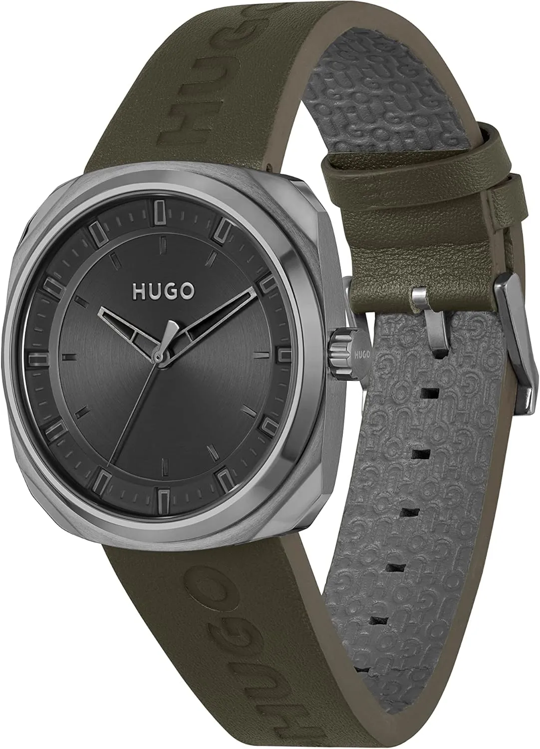 HUGO #Shrill Men's Quartz Stainless Steel Case and Leather Calfskin Strap Watch, Color: Green (Model: 1530307)