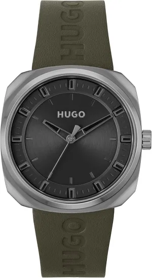 HUGO #Shrill Men's Quartz Stainless Steel Case and Leather Calfskin Strap Watch, Color: Green (Model: 1530307)