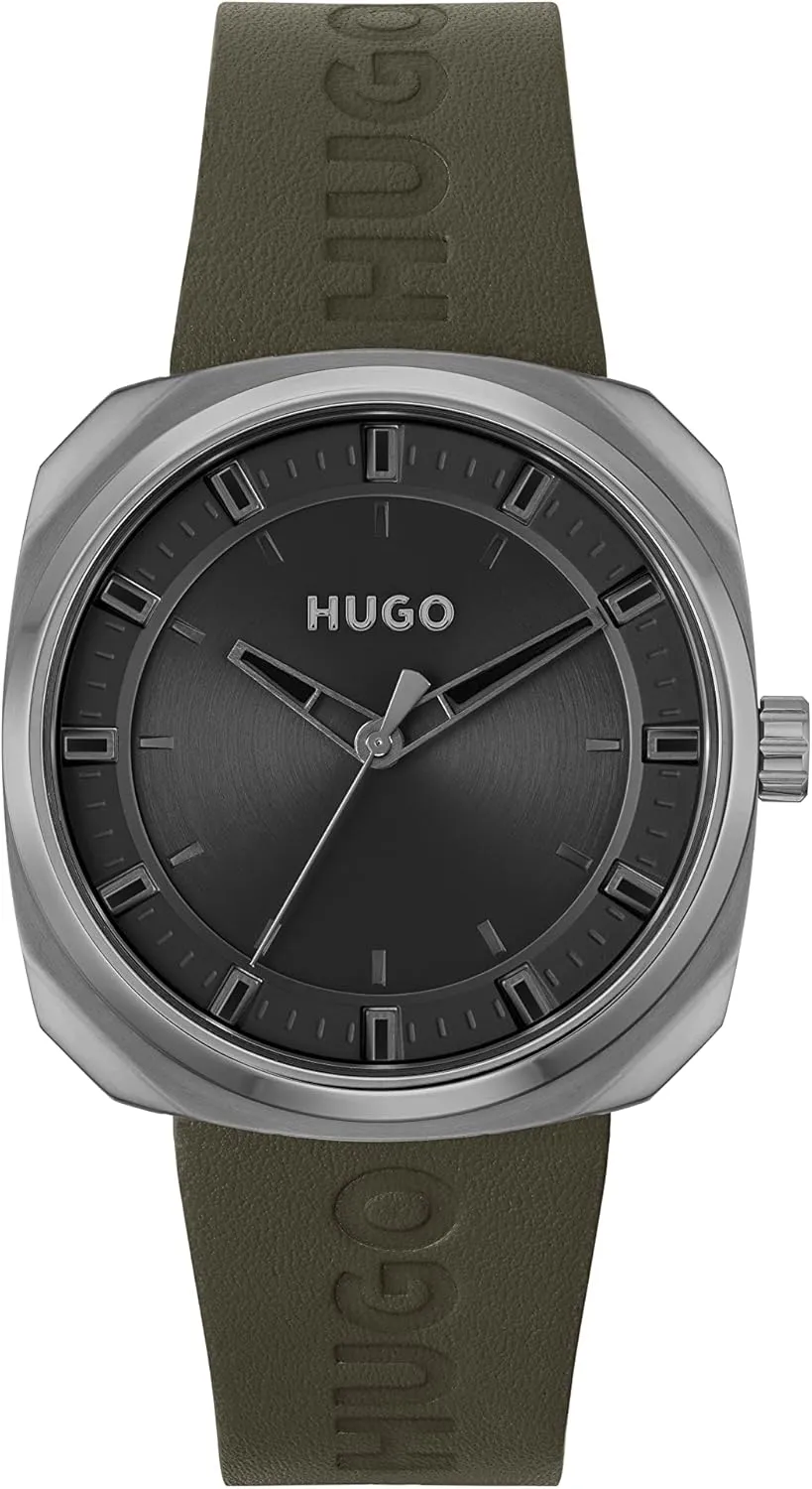 HUGO #Shrill Men's Quartz Stainless Steel Case and Leather Calfskin Strap Watch, Color: Green (Model: 1530307)