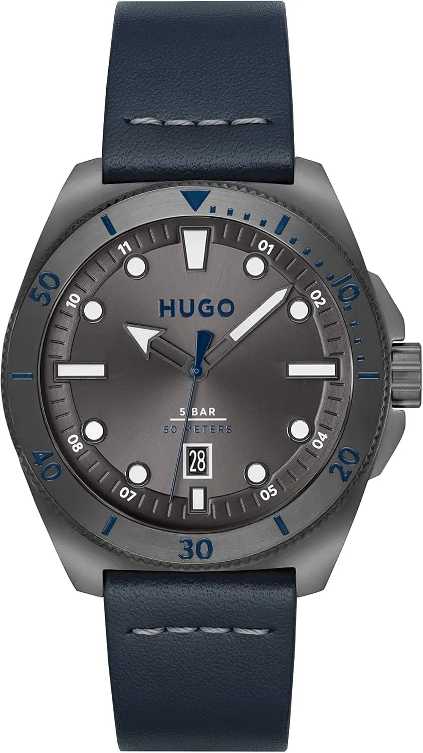 HUGO #Visit Men's Quartz Stainless Steel Case and Leather Strap Watch, Color: Blue (Model: 1530302)