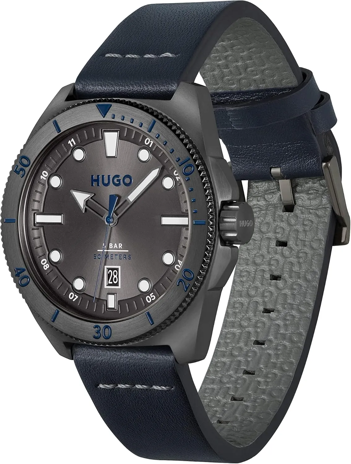 HUGO #Visit Men's Quartz Stainless Steel Case and Leather Strap Watch, Color: Blue (Model: 1530302)