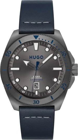 HUGO #Visit Men's Quartz Stainless Steel Case and Leather Strap Watch, Color: Blue (Model: 1530302)