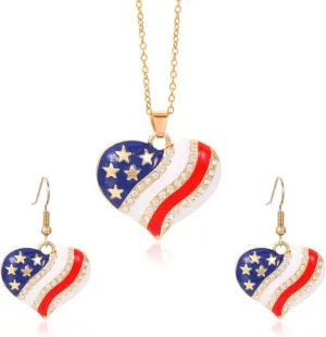 HUJUON American Flag Pendant Necklace Earring Set for Women 4th Of July Butterfly Drop Dangle Hook Earring Independence Day Usa Patriotic Choker Jewelry Gift