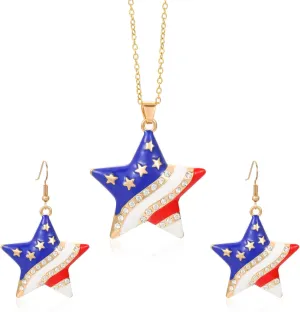 HUJUON American Flag Pendant Necklace Earring Set for Women 4th Of July Butterfly Drop Dangle Hook Earring Independence Day Usa Patriotic Choker Jewelry Gift