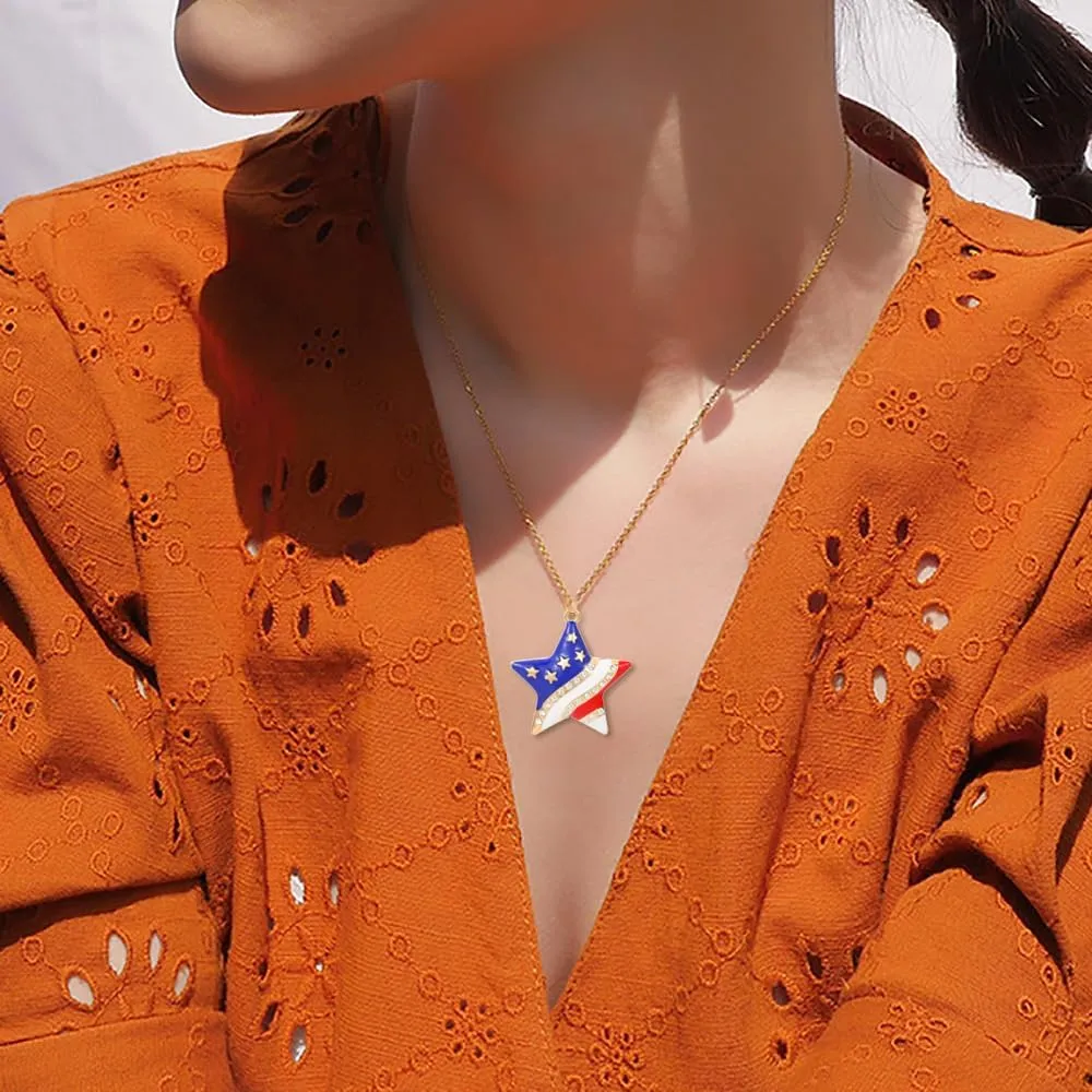 HUJUON American Flag Pendant Necklace Earring Set for Women 4th Of July Butterfly Drop Dangle Hook Earring Independence Day Usa Patriotic Choker Jewelry Gift