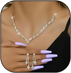 HUJUON Shiny Rhinestone Long Tassel Dangle Earrings Necklace Set Cubic Zirconia Drop Earrings Clavicle Necklace Wedding Bride Jewelry for Women