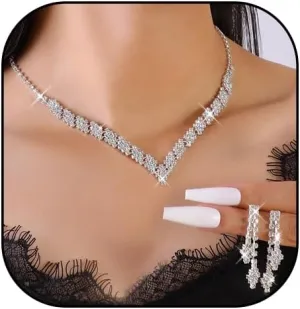 HUJUON Shiny Rhinestone Long Tassel Dangle Earrings Necklace Set Cubic Zirconia Drop Earrings Clavicle Necklace Wedding Bride Jewelry for Women