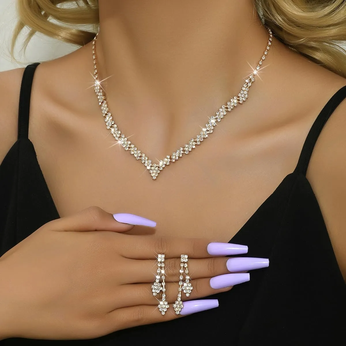 HUJUON Shiny Rhinestone Long Tassel Dangle Earrings Necklace Set Cubic Zirconia Drop Earrings Clavicle Necklace Wedding Bride Jewelry for Women