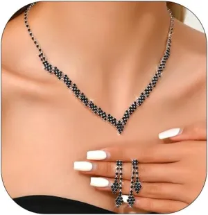 HUJUON Shiny Rhinestone Long Tassel Dangle Earrings Necklace Set Cubic Zirconia Drop Earrings Clavicle Necklace Wedding Bride Jewelry for Women